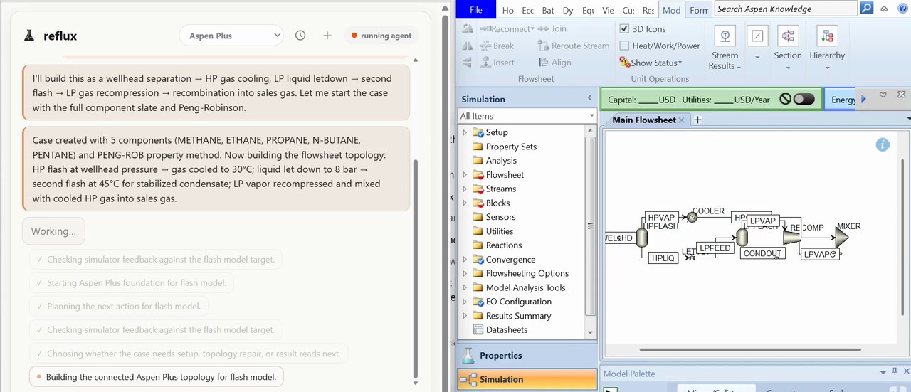 Screen recording: the RARE agent's reasoning on the left while it builds a process flowsheet in Aspen Plus on the right